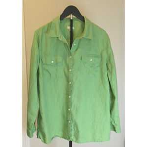 Talbots Linen Button Up Shirt Green Roll Tab Long Sleeve Womens Plus 2X
